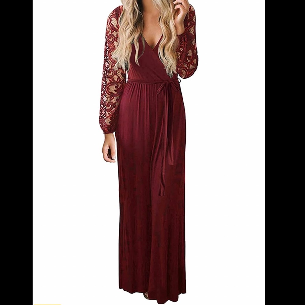 Vintage Floral Lace Long Sleeve Faux Wrap V Neck Party Long Maxi Dress